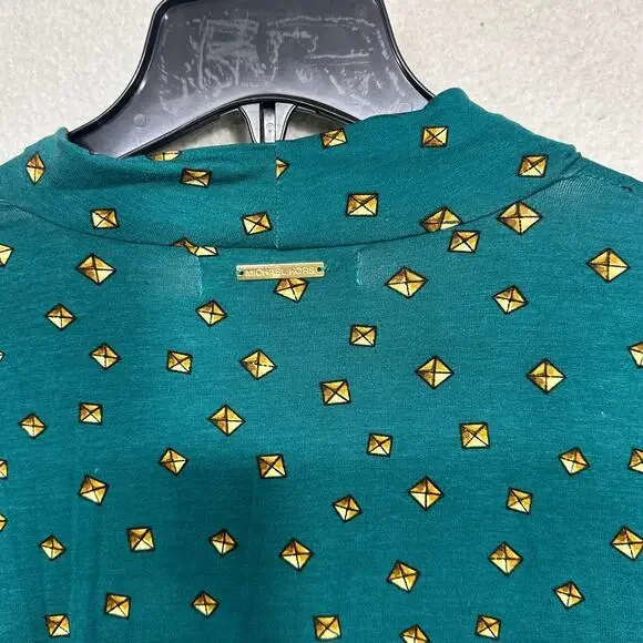 Michael Kors Green Drape Neck Top Medium Gold Print Long Sleeve Blouse - Picture 6 of 11